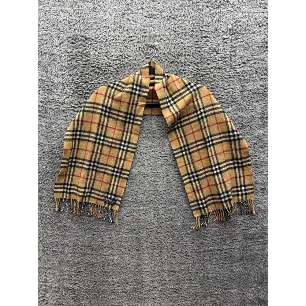 Vintage Burberry Pure‎ Lambswool Fringe Nova Check Scarf Beige 54 x 11